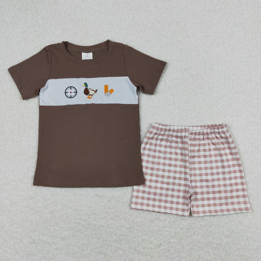 Baby Boy Short Sleeves Embroidery Duck Brown Shirt Plaid Shorts Set