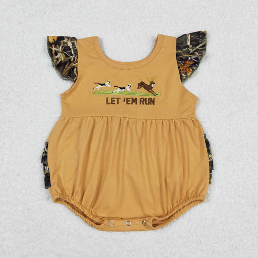 Baby Girl Short Sleeves Embroidery Dog Deer Camo Bubble One Piece Romper