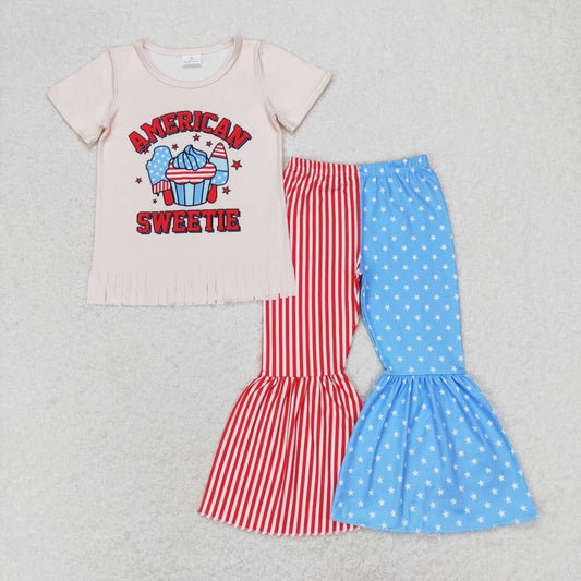 Baby Girl Short Sleeves American Shirt Stars Stripes Bell Pants July 4th Outfit