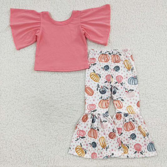 GSPO0670 Baby Girl Short Sleeves Cotton Shirt Pumpkin Pants Outfit