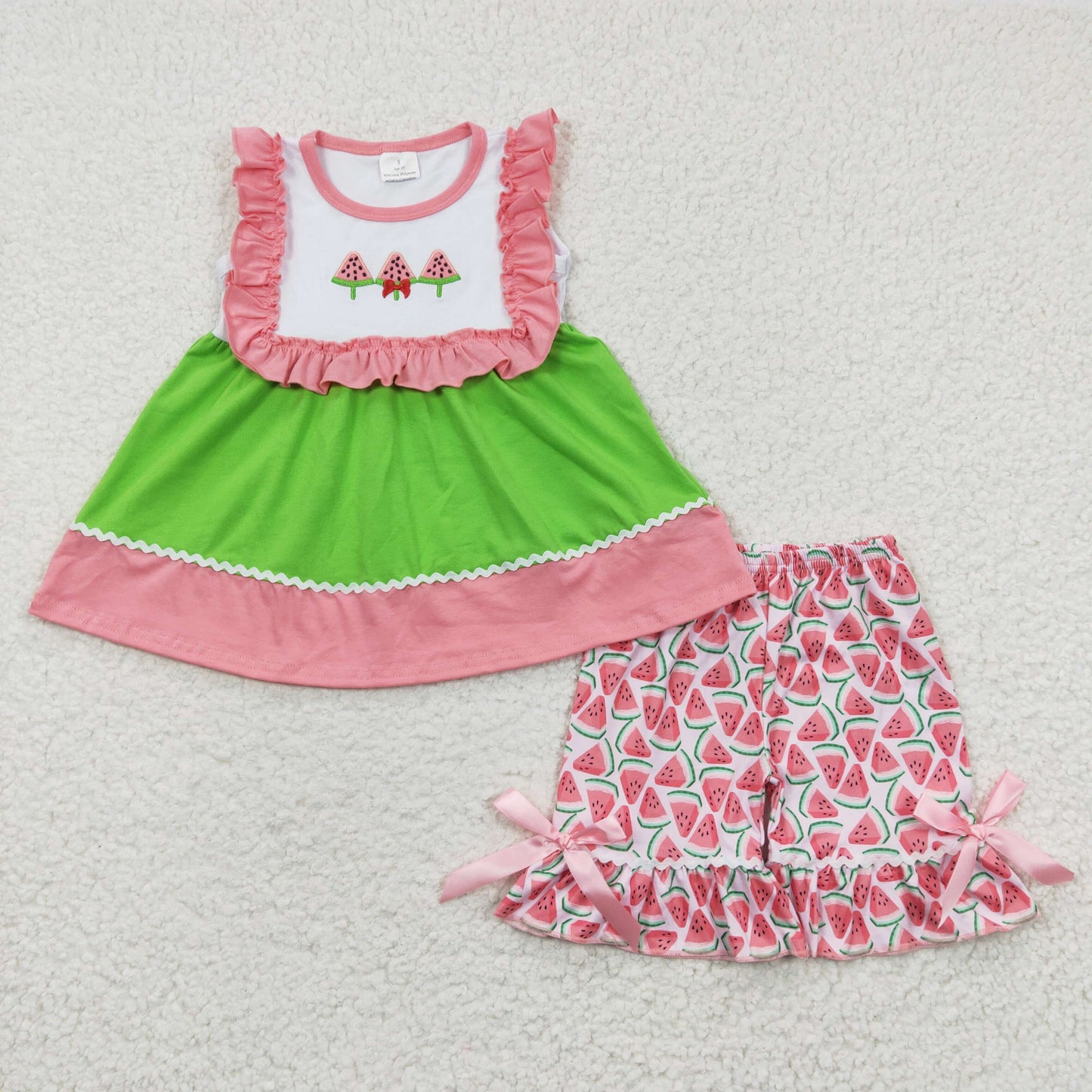 Promotion Baby Girl Embroidery Watermelon Green Tops Shorts Summer Set