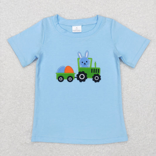 BT0426 Easter Baby Boy Short Sleeves Embroidery Rabbit Tractor Shirt Tops