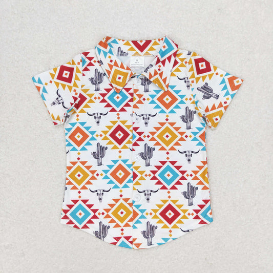 Baby Boy Short Sleeves Button Up Aztec Cow Cactus Shirt Western Tops