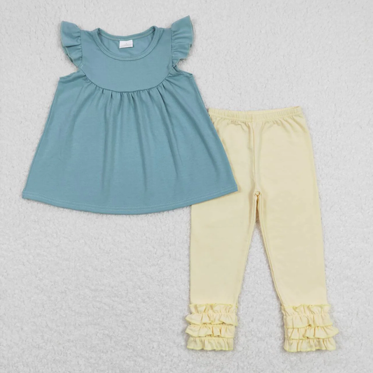 GSPO1321 Baby Girl Short Sleeves Cotton Tops Yellow Ruffle Pants Set