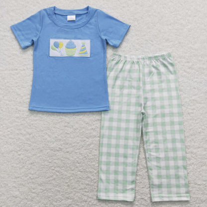 BSPO0190 Baby Boy Birthday Embroidery Shirts Plaid Pants Set Pajamas