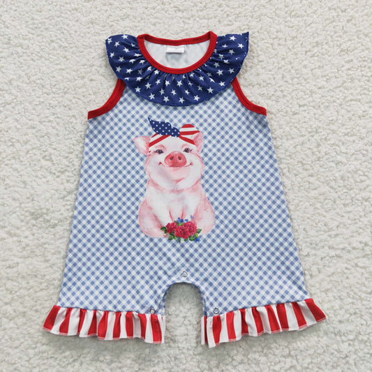 A6-2 Baby Boy July 4th Pig Summer Stars Striped Romper