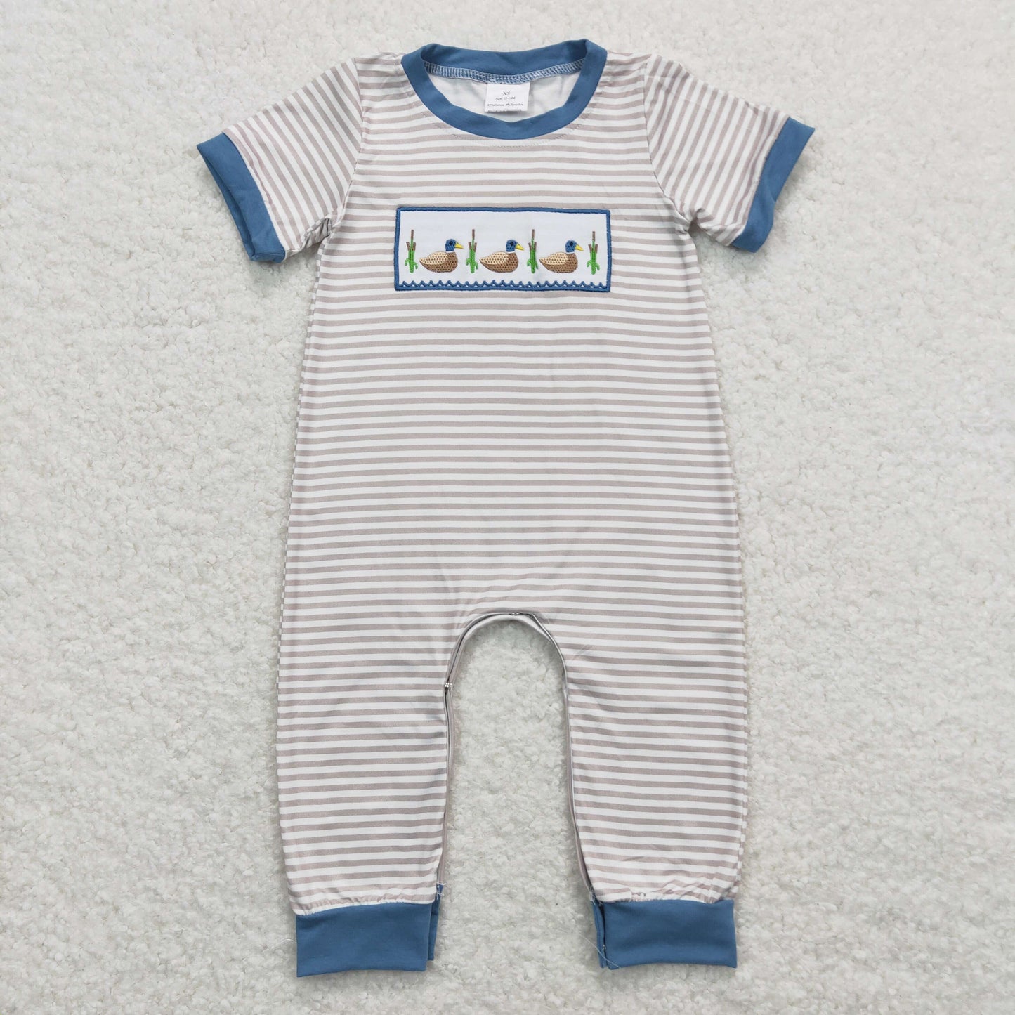 Baby Boy Short Sleeves Embroidery Ducks Stripes One Piece Romper