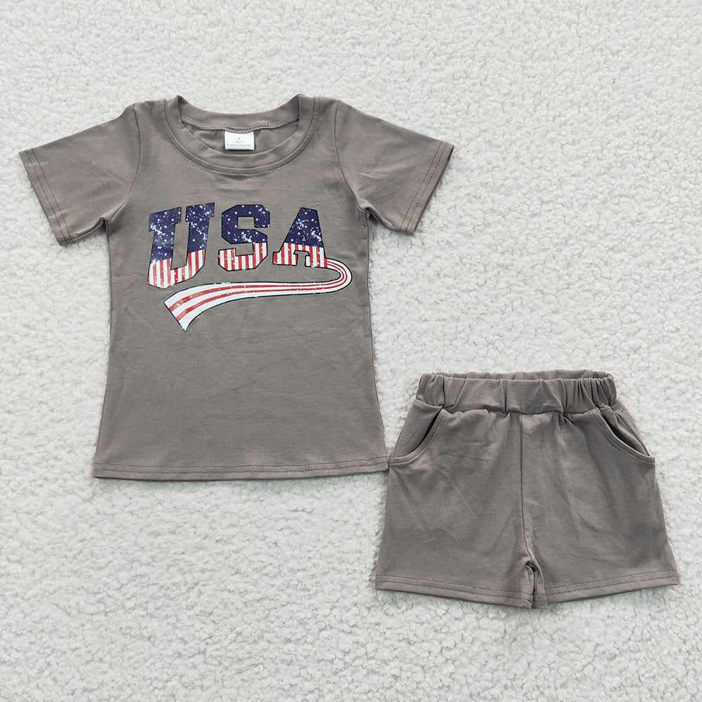 Baby Boy USA July 4th Grey Sibling Romper Shorts Set