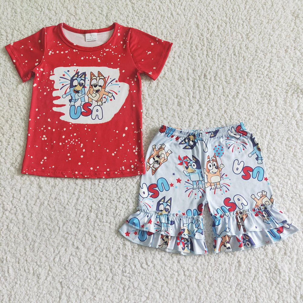 Promotion Baby Girl Red Shirt 4th of july Dogs Shorts Sets