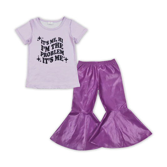 GSPO1475 Baby Girl Short Sleeves Singer Shirt Purple Leather Bell Pants Set