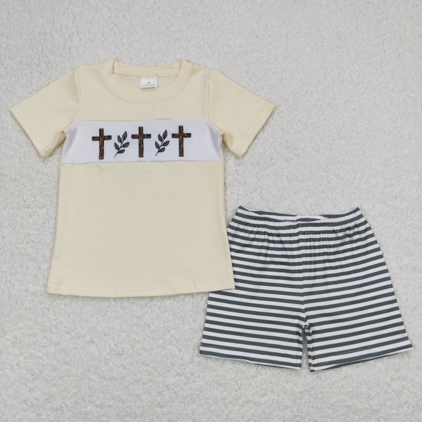 Baby Boy Short Sleeves Embroidery Cross Shirt Stripes Shorts Easter Set