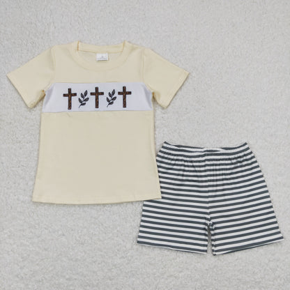 Baby Boy Short Sleeves Embroidery Cross Shirt Stripes Shorts Easter Set