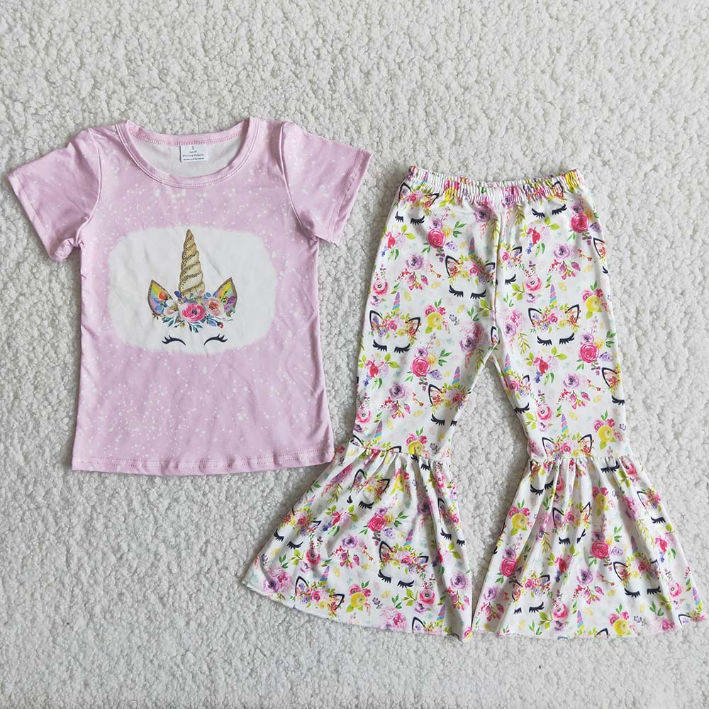 Promotion Baby Girl Unicorn Pink Shirt Floral Bell Pants Outfit