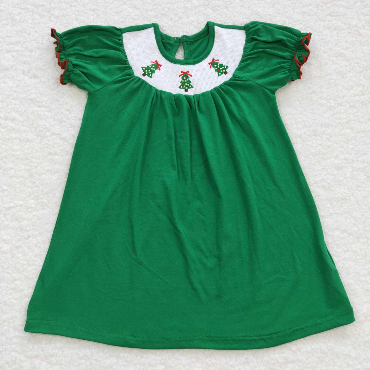 GSD0432 Baby Girl Christmas Embroidery Tree Green Smoked Dress