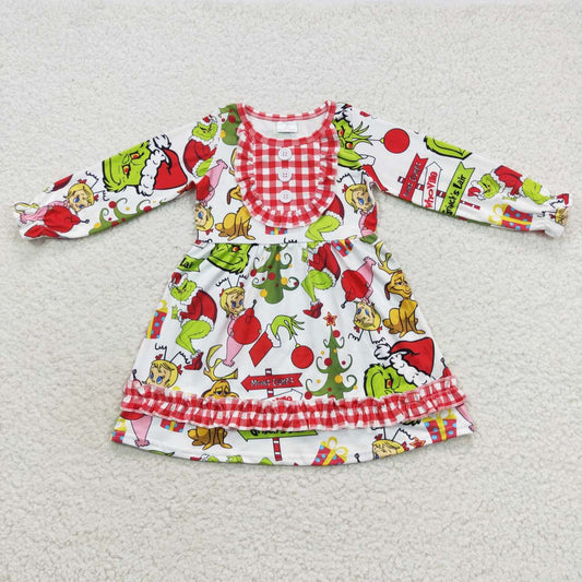 GLD0297 Baby Girl Long Sleeves Chritsmas Green Face Dress