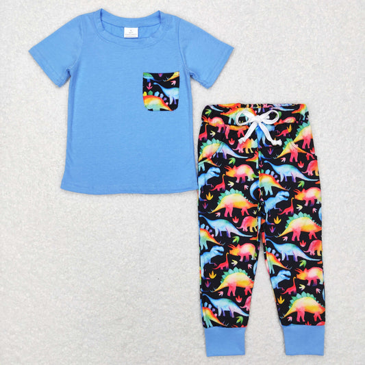 BSPO0206 Baby Boy Blue Shirt Dinosaurs Pocket Pants Set