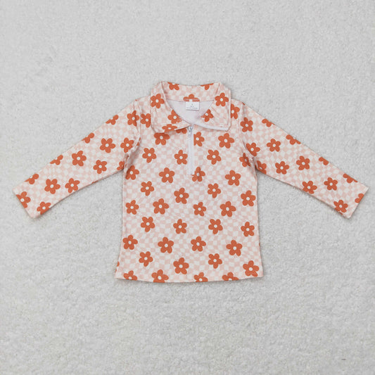 GT0362 Baby Girl Long Sleeves Floral Plaid Pullover Zipper Shirt