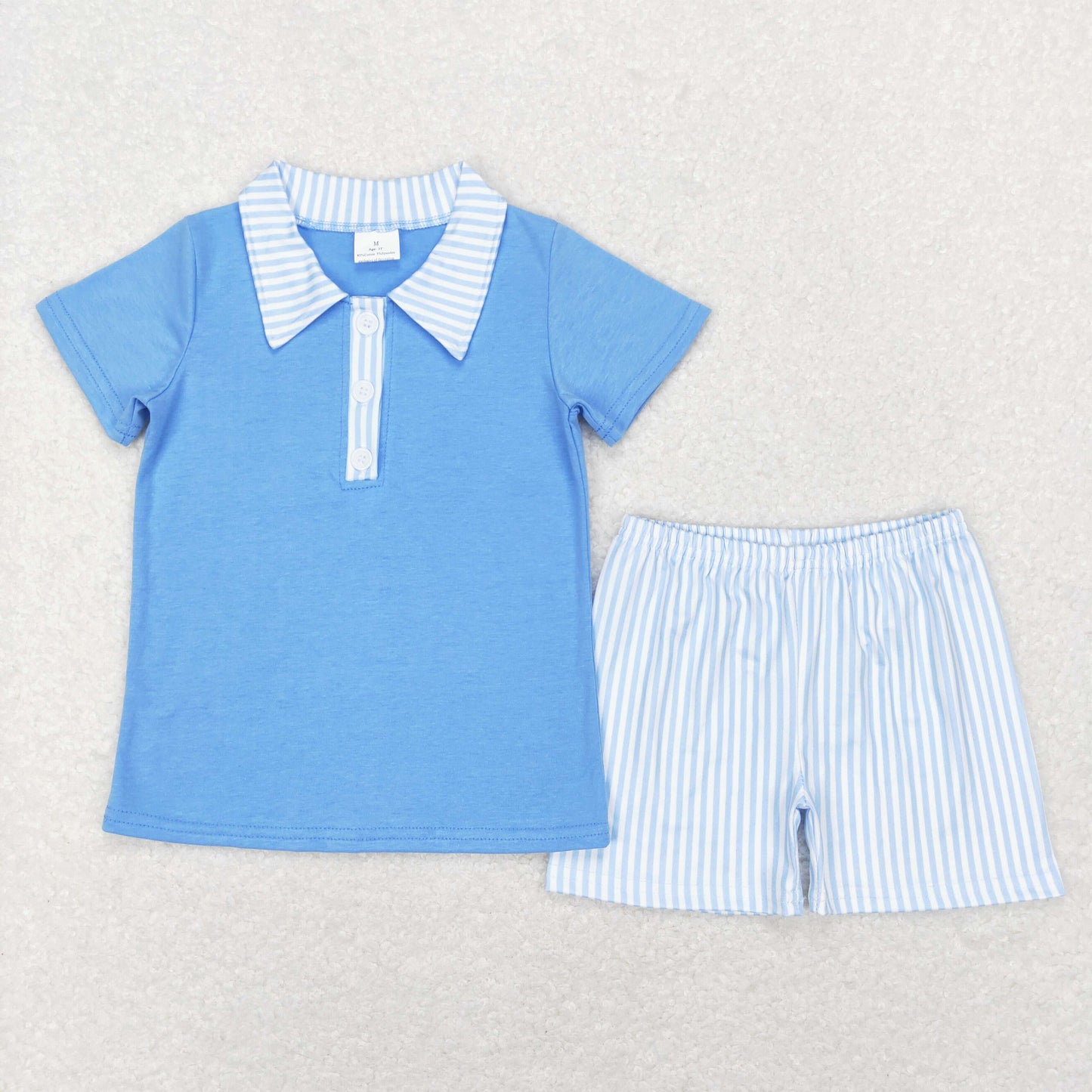 BSSO0402 Baby Boy Short Sleeves Polo Shirt Stripes Shorts Easter Blue Set