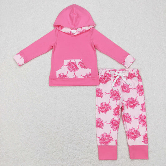 GLP0906 Baby Girl Long Sleeves Hoodie Western Cow Shirt Pocket Pants Pink Set