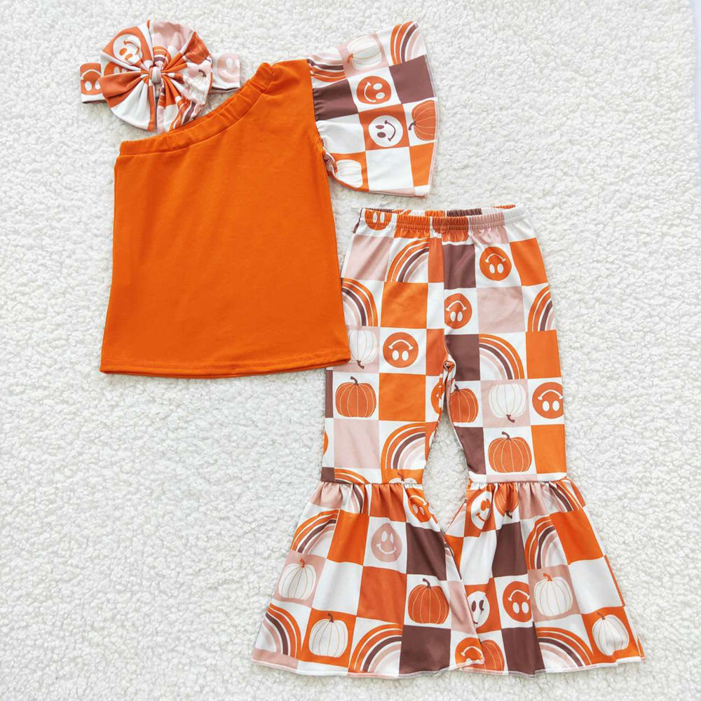 GSPO0620 Baby Girl One Shoulder Top Pumpkin Check Face Bell Pants Outfit