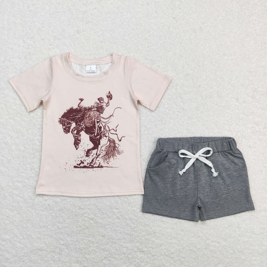 BSSO0476 Baby Boy Short Sleeves Rodeo Shirt Pocket Grey Shorts Summer Set