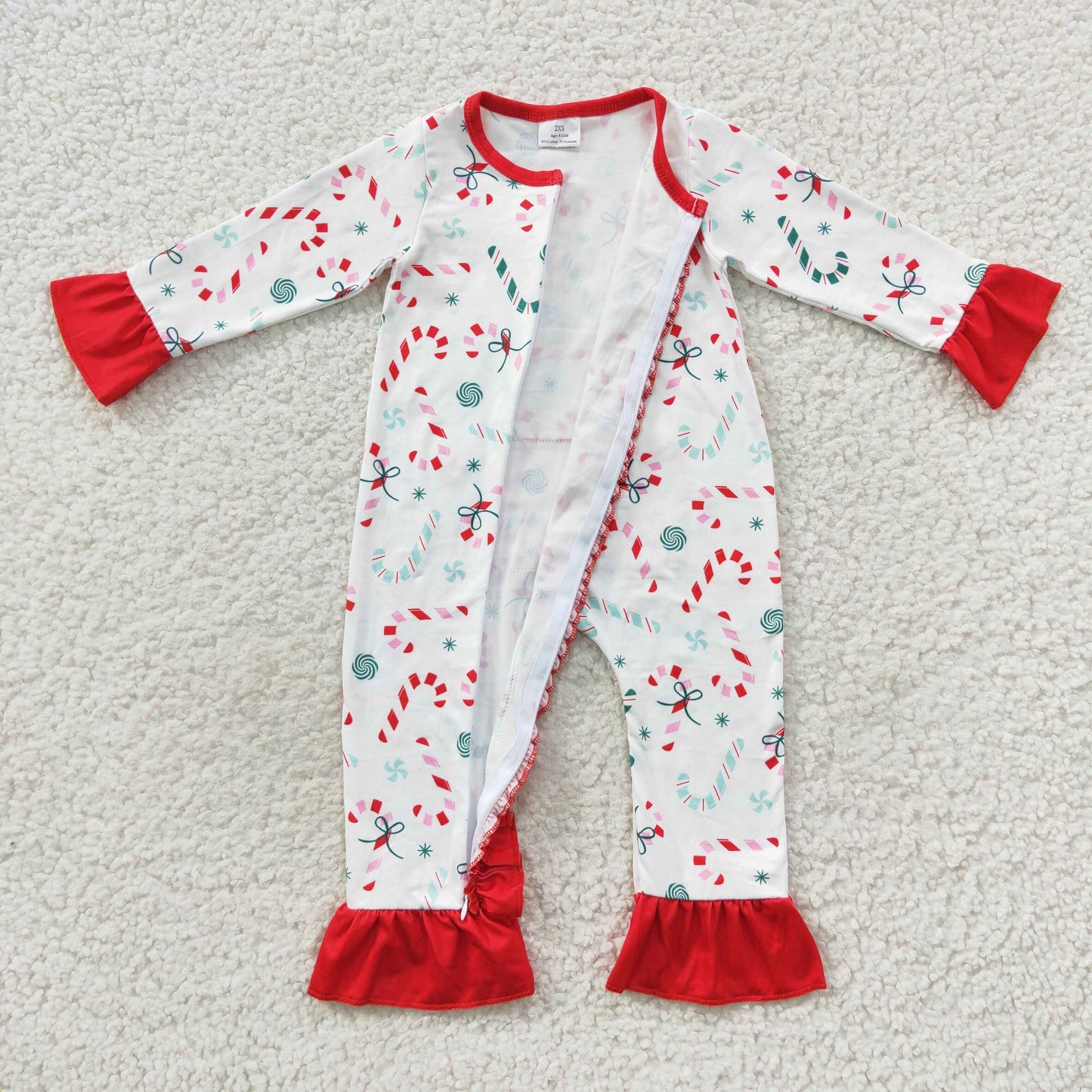 LR0501 Baby Girl Long Sleeves Christmas Candy Cane One Piece Romper