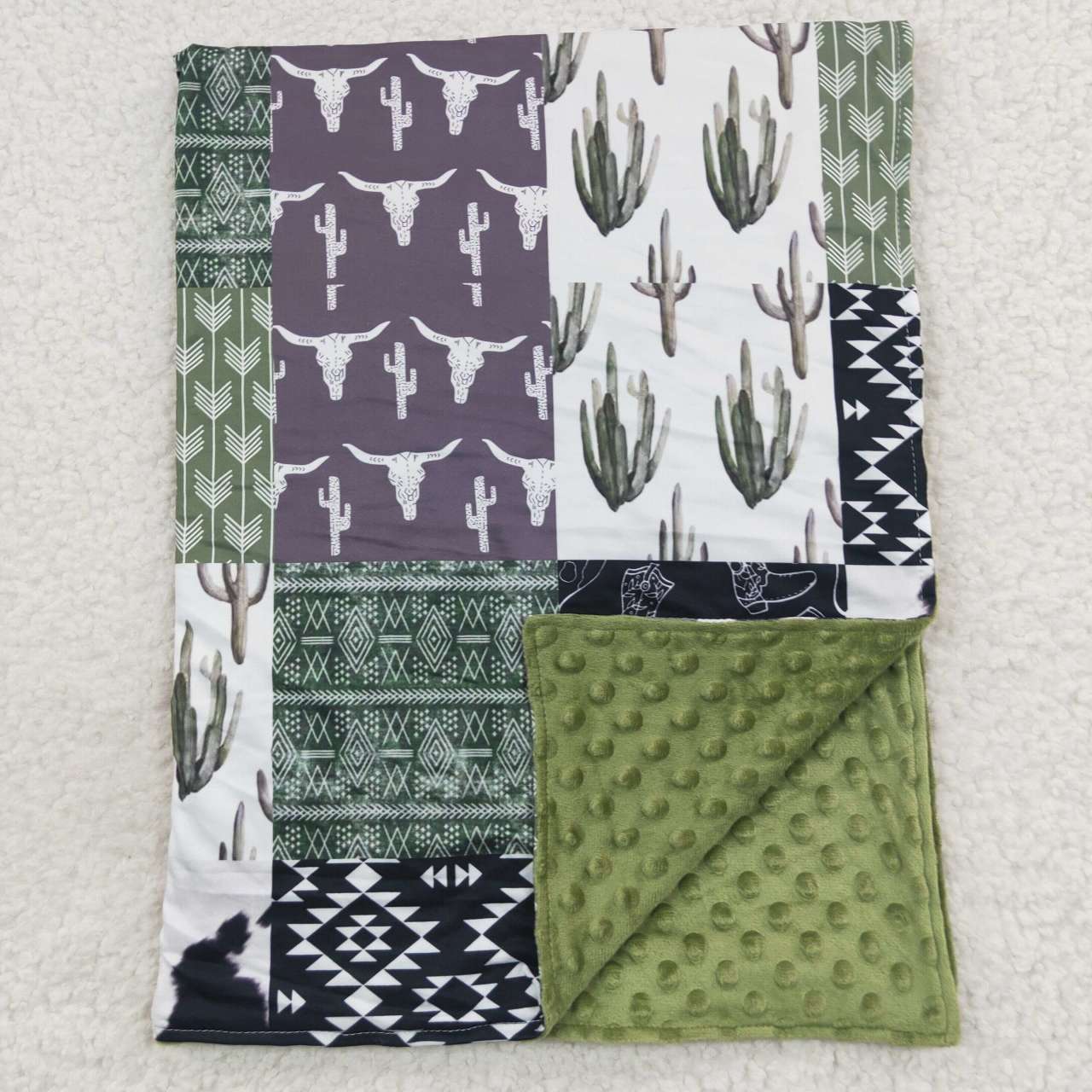 BL0064 Baby Boy Western Cow Cactus Green Blanket