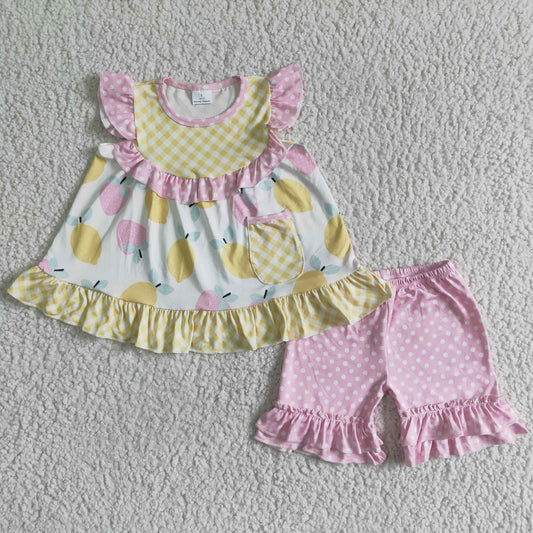 Promotion Baby Girl Summer Lemon Strawberry Pocket Shorts Outfit