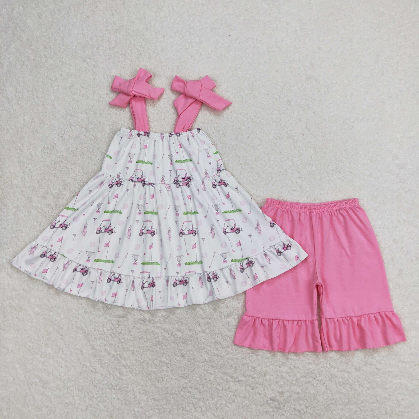 Baby Girl Sleeveless Golf Tops Pink Cotton Shorts Summer Set