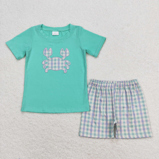 Baby Boy Green Cotton Embroidery Crab Shirt Plaid Shorts Summer Set