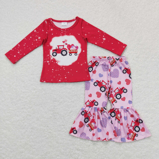 GLP0902 Baby Girl Long Sleeves Valentines Hearts Tractor Bell Pants Outfit