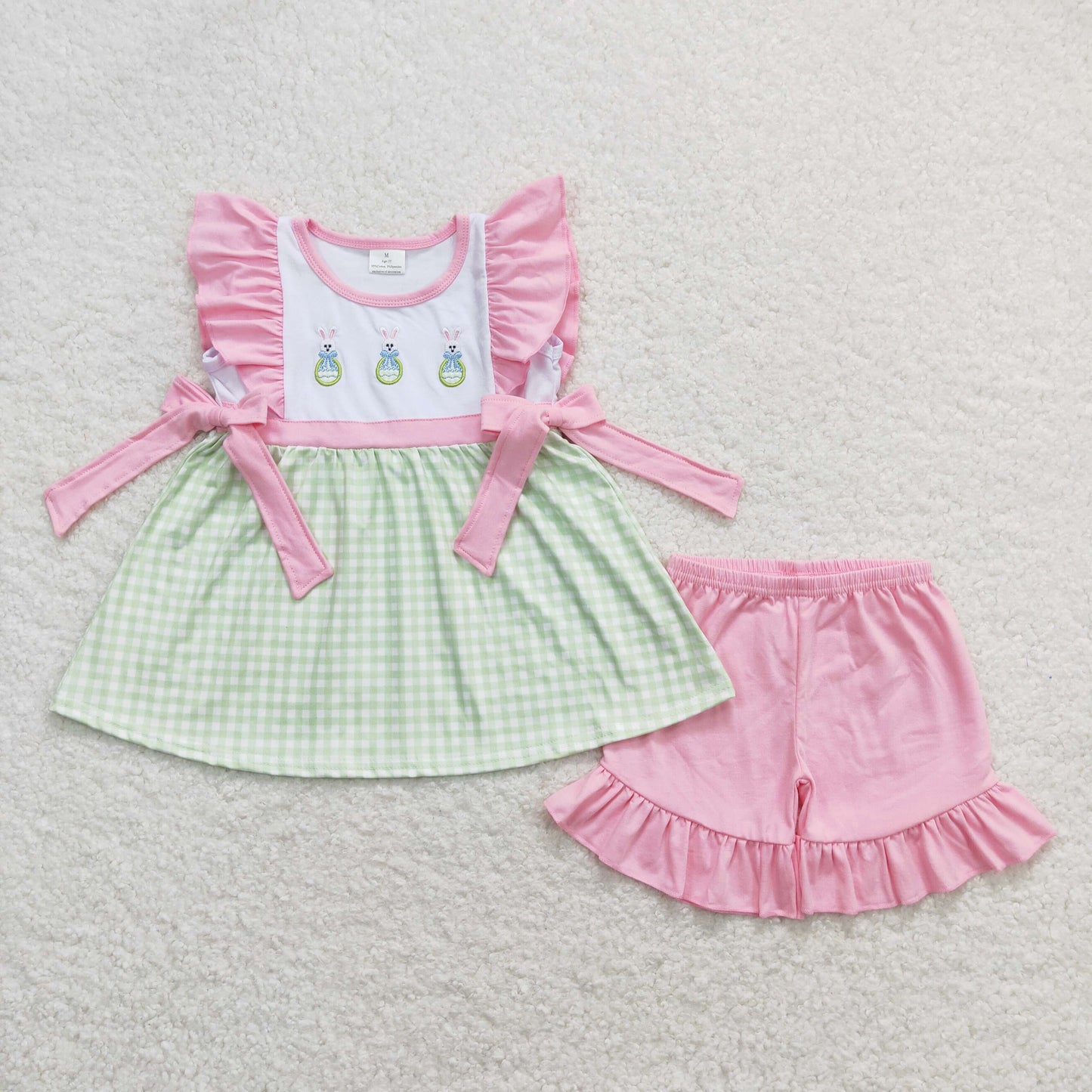 Baby Girl Short Sleeves Embroidery Rabbits Plaid Tunic Pink Shorts Easter Set