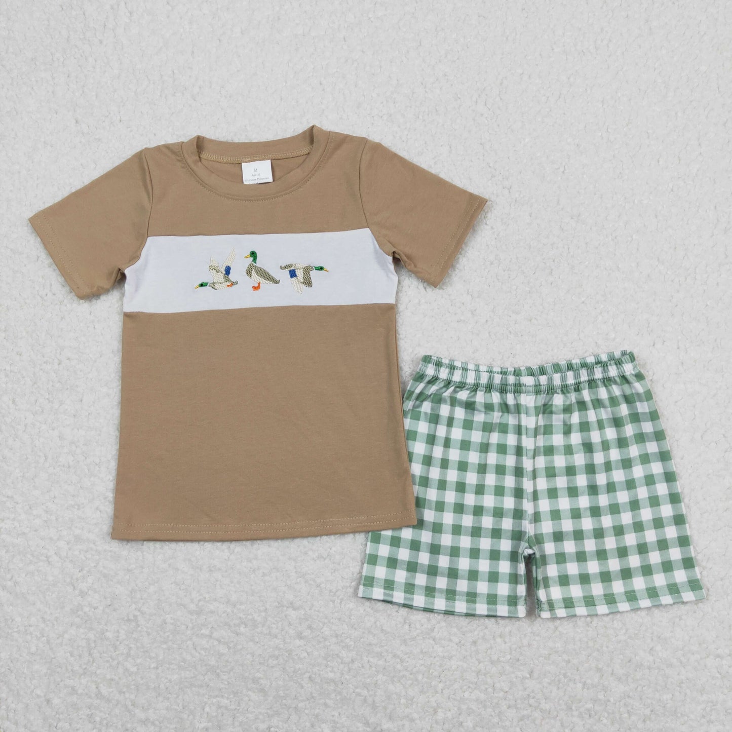 Baby Boy Short Sleeves Embroidery Ducks Shirt Green Plaid Shorts Set