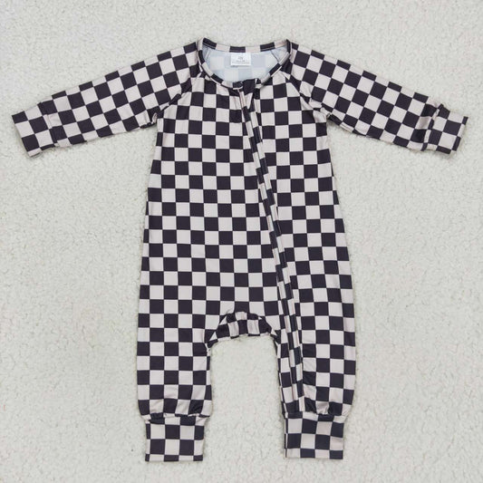 LR0655 Baby Boy Long Sleeves Checkered Zipper One Piece Romper