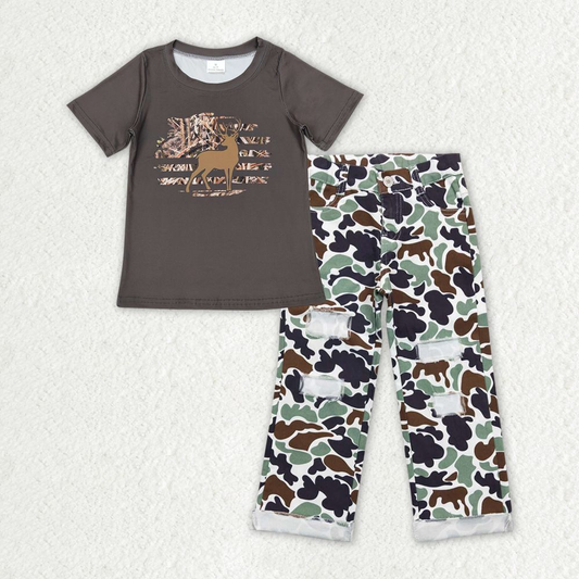 Baby Boy Short Sleeves Deer Shirt Green Camo Denim Pants Hunting Set