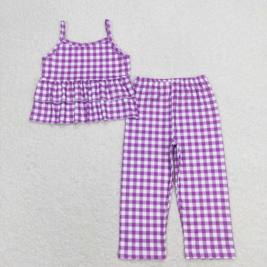 Baby Girl Sleeveless Purple Plaid Ruffle Tops Pants Set