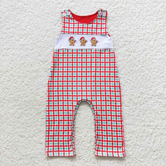 SR0406 Baby Boy Sleeveless One Piece Embroidery Christmas Gingerbread Plaid Romper