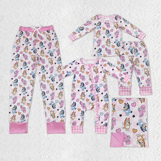 Baby Girl Adult Women Dogs Hearts Sibling Family Valentine's Day Romper Blanket Clothes Pajamas Set