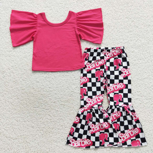 GSPO0809 Baby Girl Hot Pink Cotton Tops Doll Checkered Bell Pants Outfit