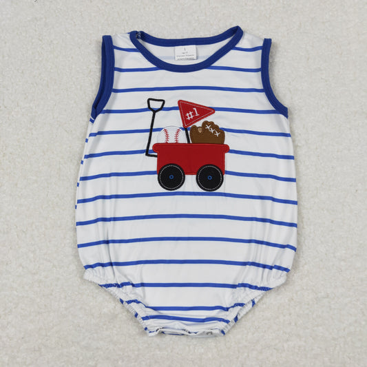 Baby Boy Sleeveless Embroidery Baseball Stripes Bubble One Piece Summer Romper