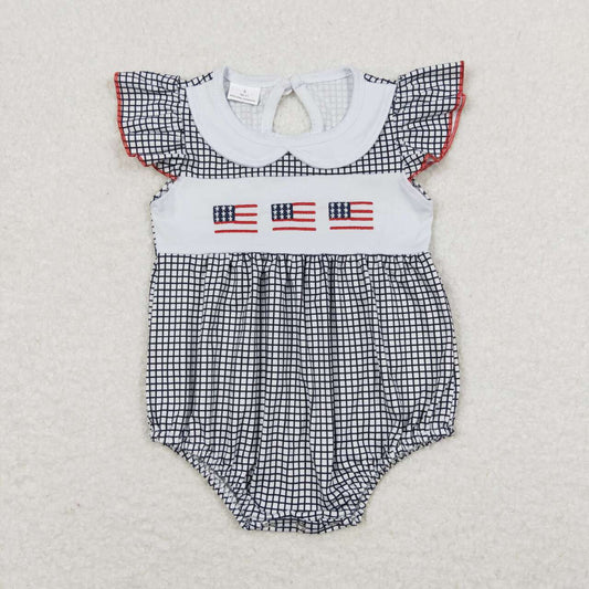 Baby Girl Short Sleeves Embroidery Flag Plaid July 4th Bubble One Piece Romper