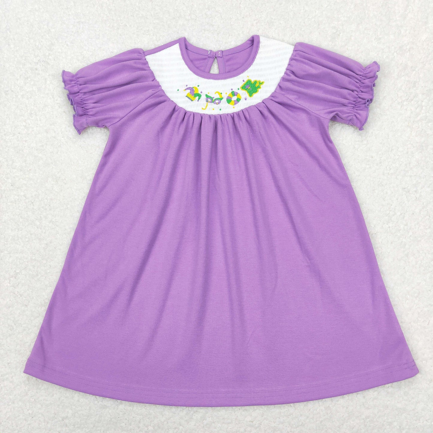 GSD0502 Baby Girl Short Sleeves Mardi Gras Embroidery Smocked Purple Cotton Dress