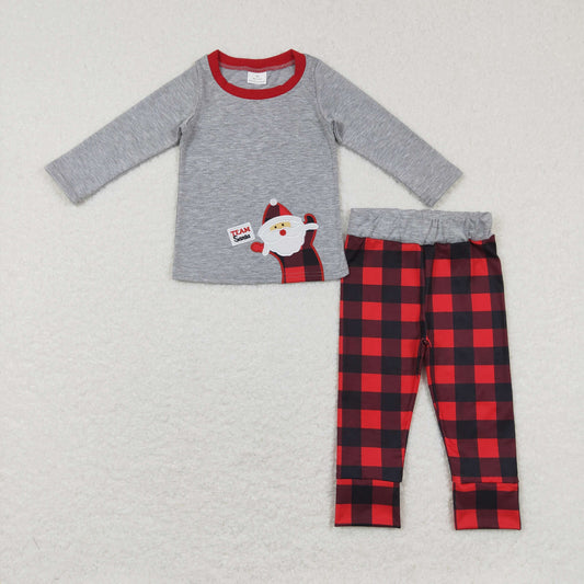 BLP0334 Baby Boy Long Sleeves Christmas Santa Plaid Pants Outfit Embroidery Pajamas