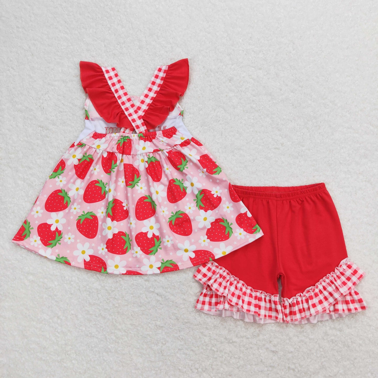 Mama's Girl Embroidery Strawberry Floral Tunic Ruffle Shorts Set