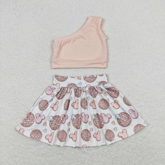 Baby Girl One Shoulder Pink Tops Mouse Skirt Set