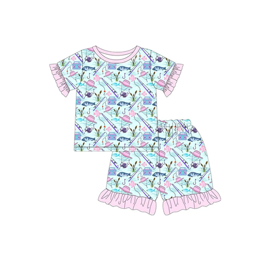 Moq 3 Pre-order GSSO0933 Baby Girl Short Sleeves Fishing Shirt Shorts Summer Set Pajamas