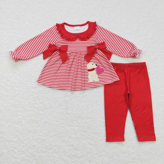 GLP0891 Baby Girl Valentine's Day Stripes Long Sleeves Embroidery Dog Heart Red Cotton Pants Outfit