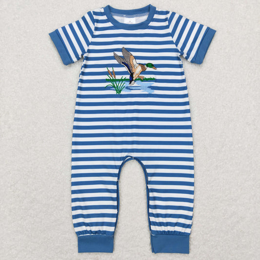 SR0554 Baby Boy Embroidery Duck Short Sleeves Stripes Romper