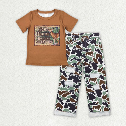 Baby Boy Short Sleeves Deer Shirt Camo Denim Pants Hunting Set