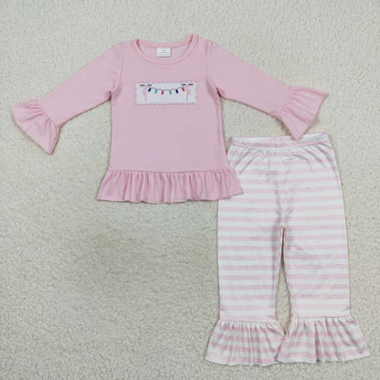 GLP0694 Baby Girl Pink Long Sleeves Embroidery Christmas Light Stripes Pants Pajamas Outfit